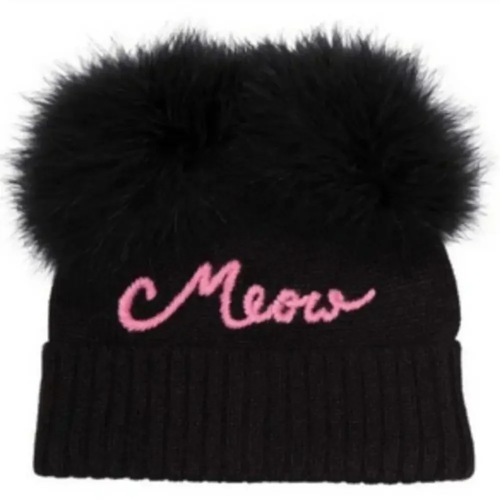 Kate Spade New York meow marabou pompom beanie black
